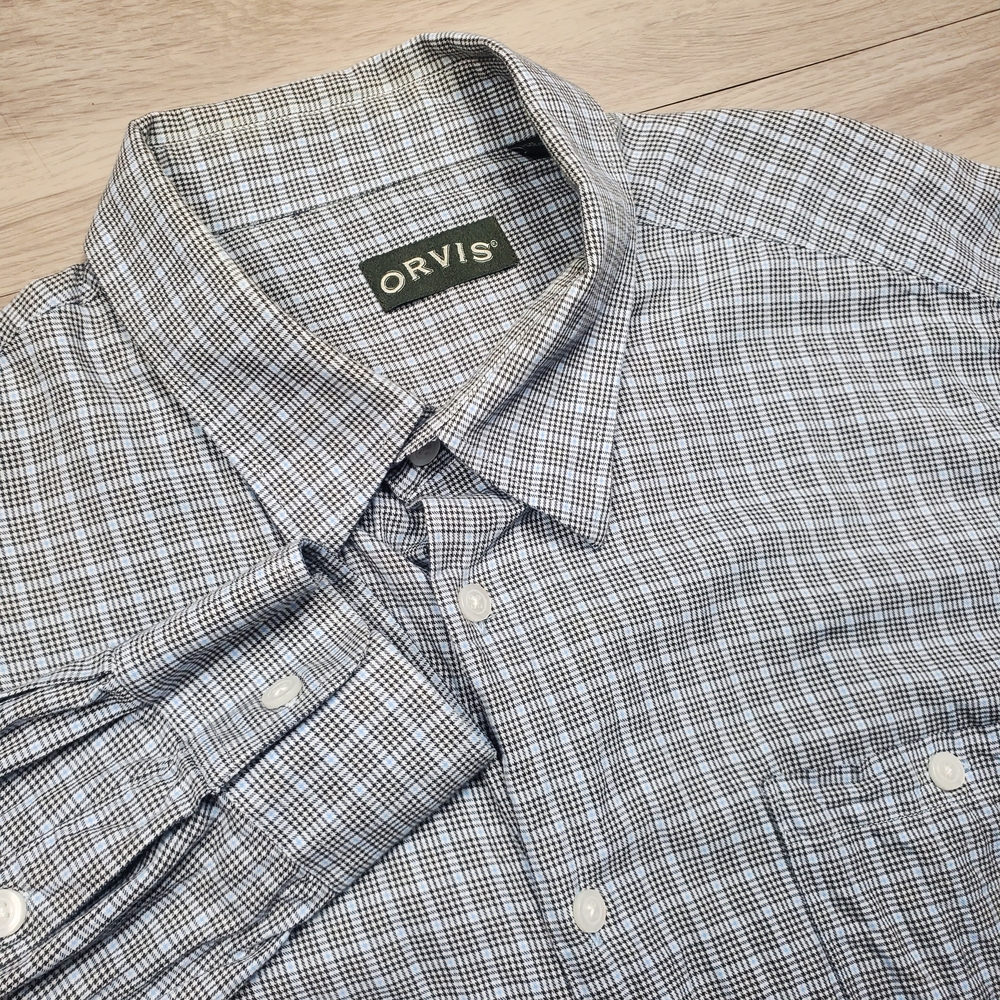 Orvis Button Down Shirt Mens XXL Long Sleeve Plaid Black Blue 2XL